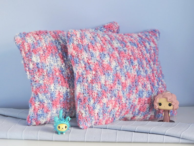 Colorful knit pillows Soft multicolored throw cushions Fluffy pink, blue and white pillows Cottage core, boho or country style pillows image 6