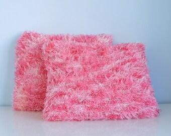 Pink furry knit decorative pillows | Soft fluffy accent pillows | Faux fur rectangular pillows | Fuzzy eyelash yarn knitted throw cushions