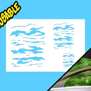 May include: A white stencil with a camouflage pattern. The stencil is reusable and can be used to create a custom design on a variety of surfaces. The stencil is shown next to a green and black shoe with a camouflage pattern.