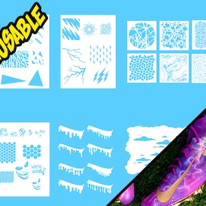 Puede incluir: Plantillas reutilizables con varios diseños, que incluyen formas geométricas, rayos, nubes, gotas y patrones de panal. Las plantillas son blancas y se muestran sobre un fondo azul claro. La palabra "REUSABLE" está escrita en letras amarillas sobre un fondo negro en la esquina superior izquierda de la imagen.