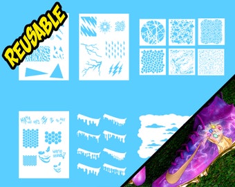May include: Reusable stencil sheets featuring a variety of designs, including geometric shapes, lightning bolts, clouds, drips, and honeycomb patterns. The stencils are white and are displayed against a light blue background. The word "REUSABLE" is written in yellow letters on a black background in the top left corner of the image.