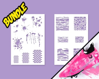 May include: A set of two stencils for customising shoes. The first stencil features a variety of paint splatters and brick patterns. The second stencil features wavy lines and bubble patterns.