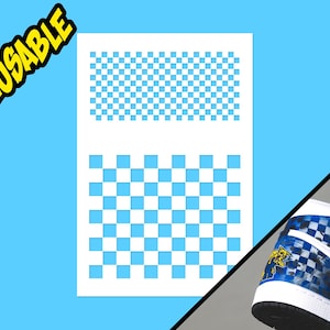 May include: A white stencil with a blue checkered pattern, with the word "REUSABLE" in yellow and black. A blue and white sneaker with a checkered design is visible in the corner.