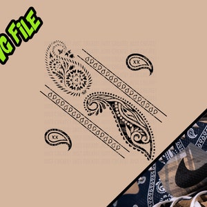 May include: Black and white paisley bandana design with the text "XX" on two of the paisley shapes. The design is on a light brown background.