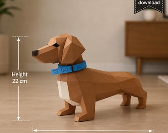 May include: A low-poly paper craft dachshund figurine in brown with a white chest and a blue collar featuring heart and bone patterns. The figure stands 22 cm in height and 38 cm in width. A digital download icon is visible in the upper corner.