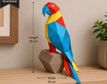 Papercraft Macaw Parrot Wall Decor, Low Poly Bird Sculpture, Colorful Tropical Bird Art