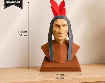 Native American Papercraft Sculpture | Low Poly Warrior Bust | 3D Paper Statue