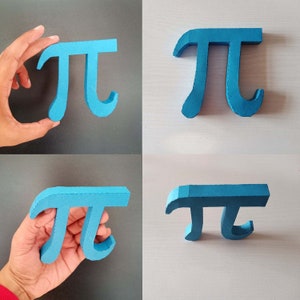 May include: Four blue paper cutouts of the mathematical symbol pi. The cutouts are arranged in a grid pattern on a white and gray background.