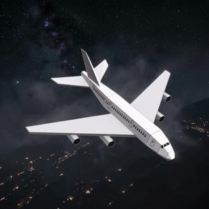 Peut inclure: Un avion blanc à quatre moteurs vole dans un ciel sombre rempli d'étoiles. L'avion est vu d'un angle latéral, avec les lumières de la ville visibles en dessous. L'image a un style d'art numérique.