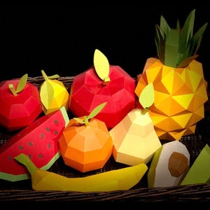 Paquete de 10 frutas, paquete de frutas Papercraft de bricolaje, cesta de frutas Papercraft, frutas de baja capa, frutas de 3d, artesanías de 3d, granada de papercraft, sandía imagen 1