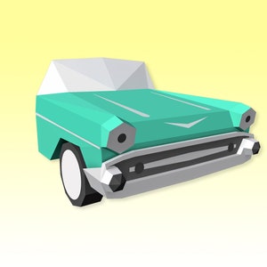 Könnte beinhalten: Ein türkisblaues Oldtimer-Auto mit weißem Dach und Chrom-Akzenten. Das Auto ist ein Low-Polygon-Modell, das ihm einen Retro-Look mit Pixeln verleiht.