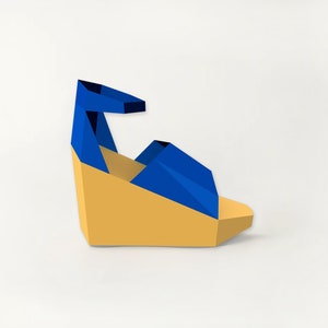 May include: A blue and yellow wedge sandal with a strap around the ankle.