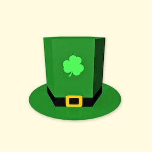 May include: A green leprechaun hat with a black band and a gold buckle. A green shamrock is on the front of the hat.