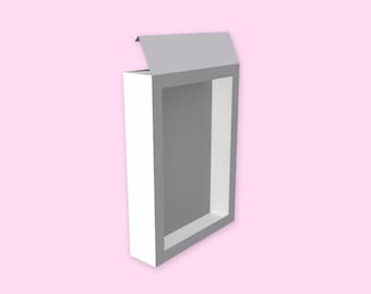 May include: A white box with a gray lid, the lid is open and the box is angled to the right. The box has a gray interior.