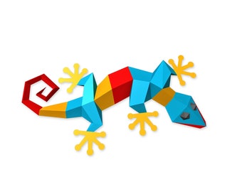 May include: A colorful origami-style gecko with a red tail, yellow feet, and a blue body with red and yellow stripes.