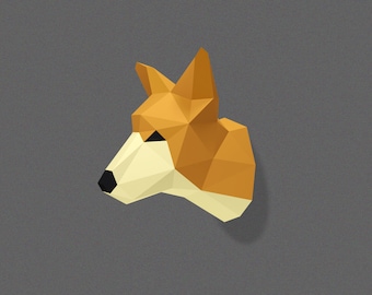 May include: A geometric origami-style paper sculpture of a fox head, with a light brown and cream color scheme.
