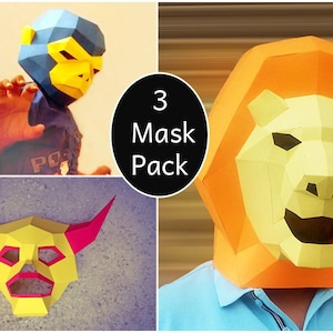 Halloween,Halloween mask pack of 3 - Monster mask, Monkey mask, Lion mask,Paper mask,Halloween Costume,Printable mask,Papercraft,Origami
