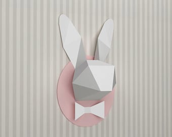 DIY Rabbit headTrophy- wall mount,3d papercraft,Paper Rabbit,Origami,paper animals,Paper toys,Wall decor,Party props,Kids room decor,Nursery