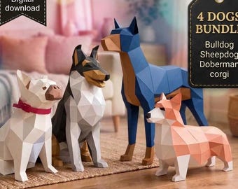 Dog Papercraft Bundle Corgi Bulldog Doberman Sheepdog, 3D Low Poly Paper Dog Templates