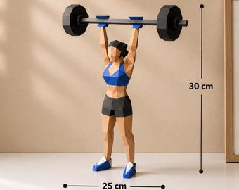 Modèle en papier 3D low poly de fille en forme | Modèle en papier d'haltérophile | Décoration pour salle de sport | Soulevé de terre