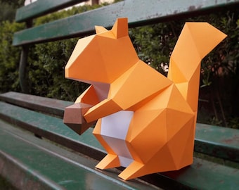 DIY Papercraft Squirrel with Nut, Lowpoly Animal Model (PDF Pattern)