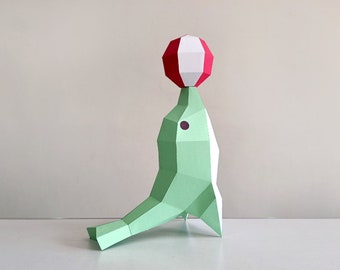 Delfin z papieru DIY z piłką, zabawka 3D z papieru (do pobrania w wersji cyfrowej)