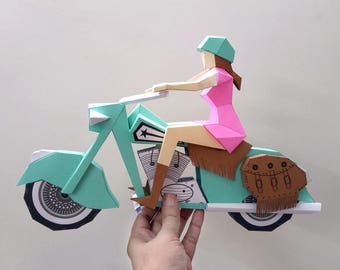 DIY Papercraft Motorbike with lady rider,3d papercraft, DIY paper craft,Motorcycle,Gifts for him,Party decorations,digital download,lowpoly