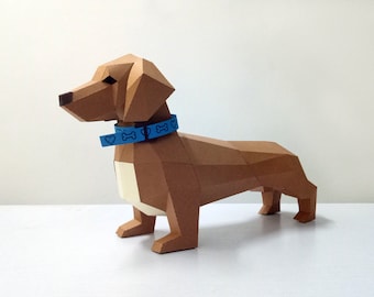 Papercraft Dachshund Sculpture, 3D Lowpoly puppy pattern (PDF)
