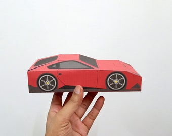 Favor de coche imprimible DIY, coche de papercraft, favor de ferrari, caja de regalo, caja de dulces, coche de mesa, favor de fiesta, favor de babyshower, modelo de Ferrari, plantilla PDF