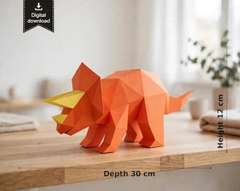 3D lågpoly Triceratops pappersskulptur | Gör-det-själv dinosauriemodell (digital nedladdning)