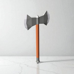 May include: A stylized, low-poly double-bladed axe. The axe head is gray, and the handle is orange. The axe is set against a white background.