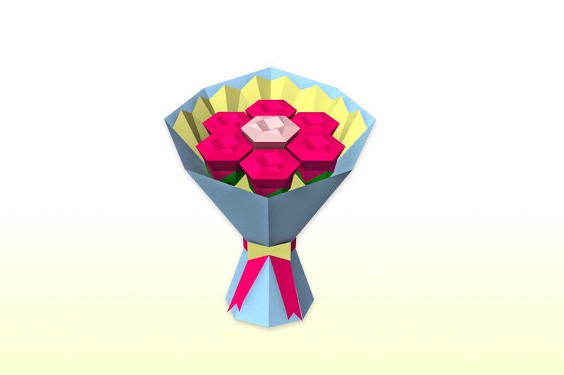 May include: A bouquet of pink paper flowers wrapped in blue and yellow paper with a pink ribbon.