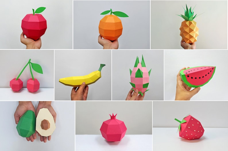 Paquete de 10 frutas, paquete de frutas Papercraft de bricolaje, cesta de frutas Papercraft, frutas de baja capa, frutas de 3d, artesanías de 3d, granada de papercraft, sandía imagen 1