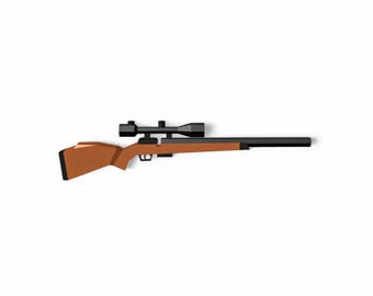 May include: A brown wooden rifle with a black scope attached to the top.