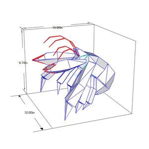 May include: A 3D model of a geometric sculpture with a red, blue, and grey colour scheme. The sculpture is 30.48 cm wide, 24.74 cm tall, and 27.9 cm deep.
