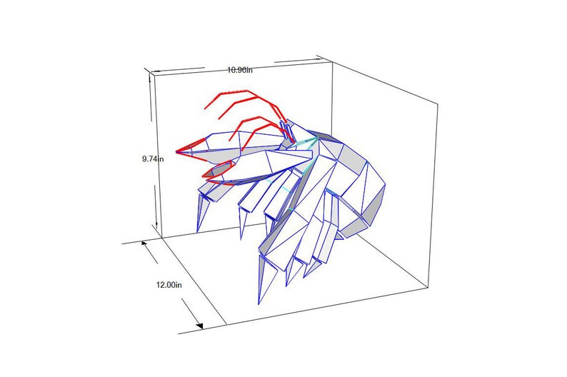 May include: A 3D model of a geometric sculpture with a red, blue, and grey colour scheme. The sculpture is 30.48 cm wide, 24.74 cm tall, and 27.9 cm deep.