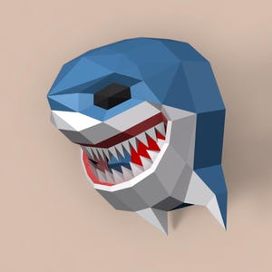 Trofeo testa di squalo in carta fai da te, pesce in carta, arte murale 3D, pesce stampabile, modello di pesce, arte di squalo, modello di pesce, giocattoli di carta, trofeo di squalo