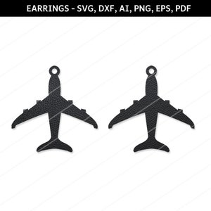 May include: A pair of black airplane-shaped earrings. The earrings are made of a textured material and have a simple design.
