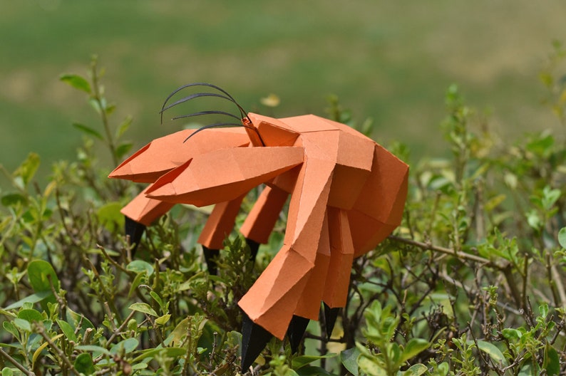 May include: An orange papercraft hermit crab with black antennae and legs. The crab is posed on a green bush.