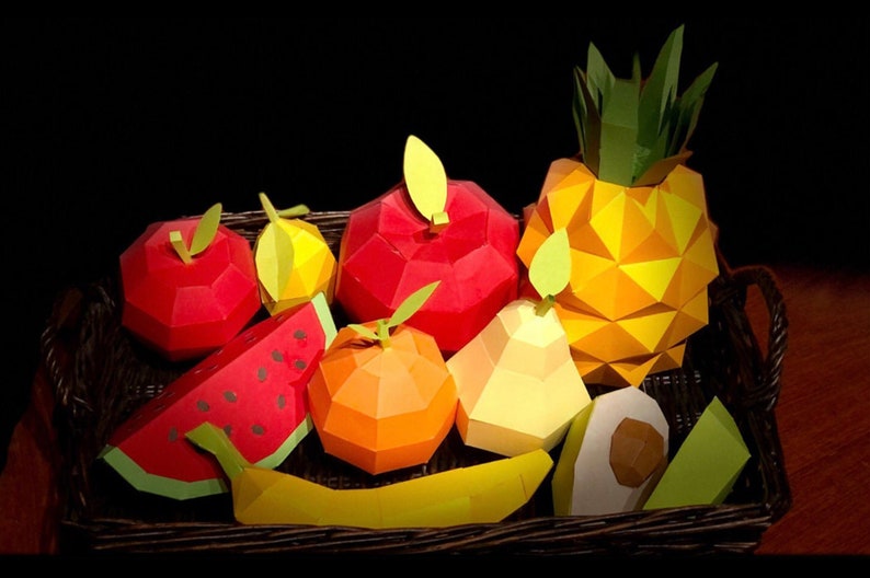 Paquete de 10 frutas, paquete de frutas Papercraft de bricolaje, cesta de frutas Papercraft, frutas de baja capa, frutas de 3d, artesanías de 3d, granada de papercraft, sandía imagen 1