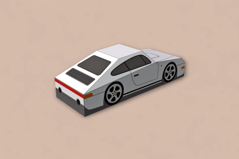May include: A white sports car illustration with black wheels and a black rear window. The car has a red stripe on the back and is set against a beige background. The car's design is geometric and stylized.