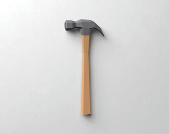 May include: A low-poly style hammer with a gray head and a wooden handle. The hammer is set against a white background. The hammer's head is a dark gray color, and the handle is a light brown color.