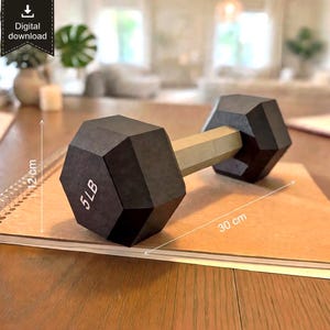 Pode incluir: Um halter hexagonal preto com um cabo de cor clara, apresentando o texto 5 LB na lateral. O halter é exibido com linhas de dimensão indicando uma altura de 12 cm e um comprimento de 30 cm. Item marcado como download digital.