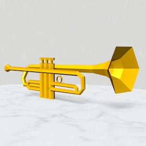 Op de afbeelding: Een gouden trompet, weergegeven in 3D-stijl. Het instrument staat tegen een neutrale achtergrond, wat het geometrische ontwerp benadrukt. De beker van de trompet heeft een facetvorm, en de algehele esthetiek is modern en gestileerd.