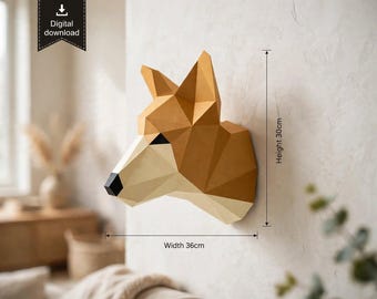 May include: A geometric papercraft wall sculpture of a dog head in shades of tan, cream, and black. The design features sharp, angular facets. Dimension lines indicate a height of 30cm and a width of 36cm. A digital download icon is visible.
