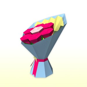 May include: A bouquet of pink roses wrapped in blue paper with a yellow paper accent and a pink ribbon.