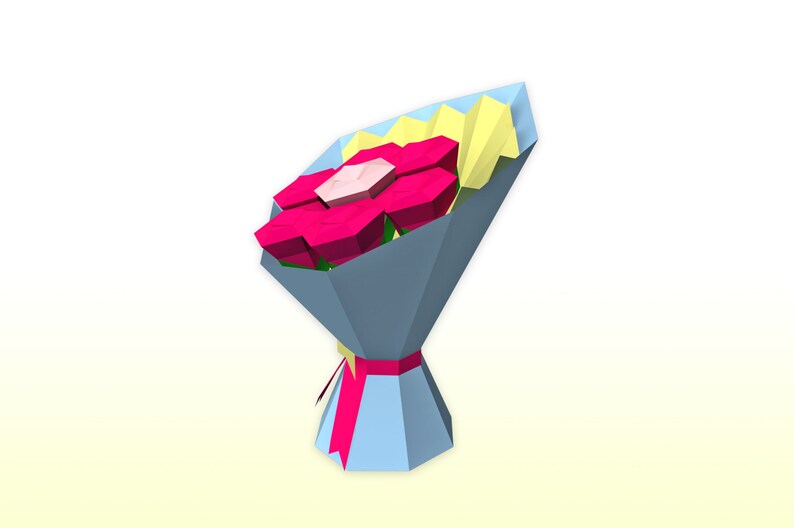May include: A bouquet of pink roses wrapped in blue paper with a yellow paper accent and a pink ribbon.
