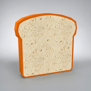 Puede incluir: Una rebanada de pan con un interior beige claro y un contorno naranja. El pan tiene una textura porosa, lo que sugiere que está recién horneado. La imagen es una representación simple y limpia de un alimento común.