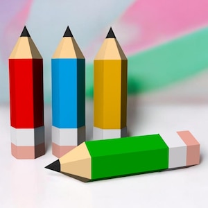 May include: Four pencils with different colored bodies and white erasers. The pencils are arranged vertically, with a green pencil lying horizontally in front of them.