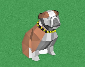 DIY Bulldog Papercraft Sculpture, 3D Lowpoly Dog Template (PDF, DXF)